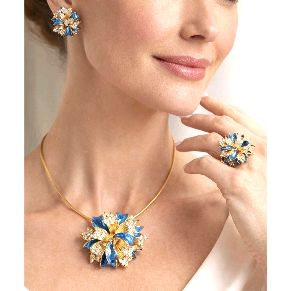 Retired Joan Boyce Flower Necklace Brooch Earrings Ring Jewelry Set, Rare js-